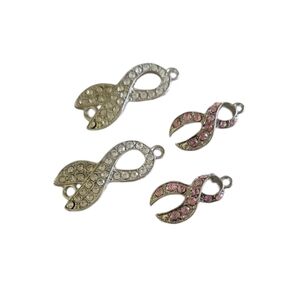 4pc Silver Crystal Ribbon Connectors & Pink Rhinestone Ribbon Charms for Jewelry